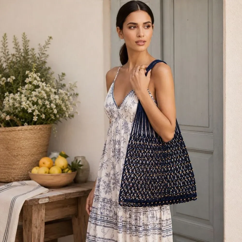 Free People Wishing Well Beaded Net Tote Blue Gold Crochet Macrame Bag NWT